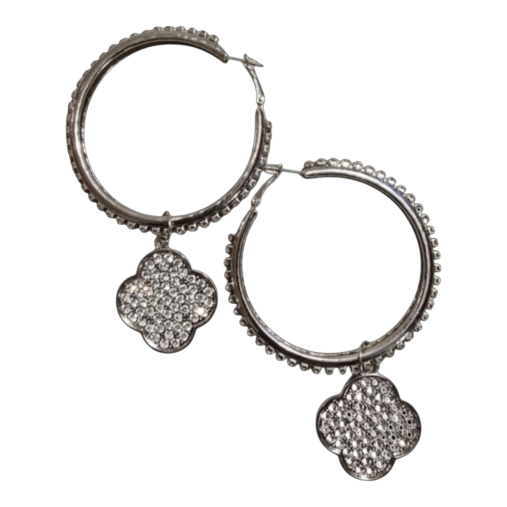 Four Leaf Earrings Silver Large Hoop Rhinestone Crystal Dangle 2"